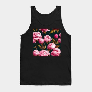 Pretty Pink Peony Flower Pattern on Black Background Tank Top